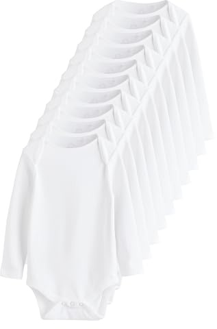 NEXT Nyfödda unisex Långärmade babybodys i basmodell 10-pack | Varje body har en tryckt etikett i nacken som är mjuk mot barnets nacke, 100% bomull