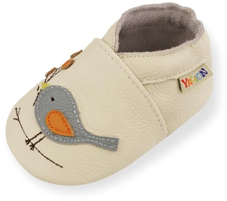 YALION Chaussons Cuir Souple Bébé Fille Garçon Antidérapante Chaussures Premiers Pas pour Enfant (White Line Bird, 6-12 Mois)