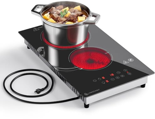 AMZCHEF 2-Burner-Electric-Cooktop-Electric-Stove, 12 inch Plug in Stove Top 110V-120V, 2 Burner Hot Plate with 1800W & 9 Power Levels, Residual Heat Indicator, Over-Temperature Protection