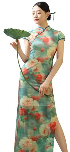 ROYAL SMEELA Abito Qipao Maniche Corte Tradizionale Cinese Vestito Cheongsam Lungo Sexy Donna