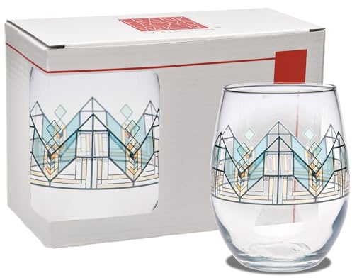 Culver Frank Lloyd Wright Stemless Wine Glass 15-Ounce (Gift Boxed Set of 2, Lake Geneva Tulip)