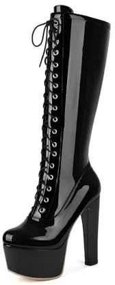 Veelau Meieer Bottes pour femme à lacets à talon carré avec plateforme et bout carré, Noir , 39 EU