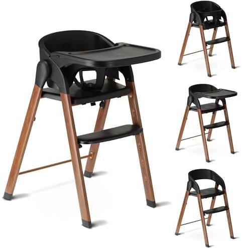 Deryan Seggiolone per bambini e bambini – Seggiolone pieghevole in legno – Include cintura a 5 punti – Regolabile in altezza e pieghevole – Include cintura di sicurezza e vassoio – Nero/Legno