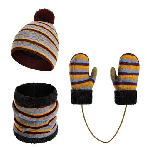 Yoolhamy Barnhatt halsduk handskar set för flickor pojkar vinter stickad halsvärmare mössa mjuk tjock fleece foder elastisk pom pom hatt keps för barn utomhussport, Vinrött, one size