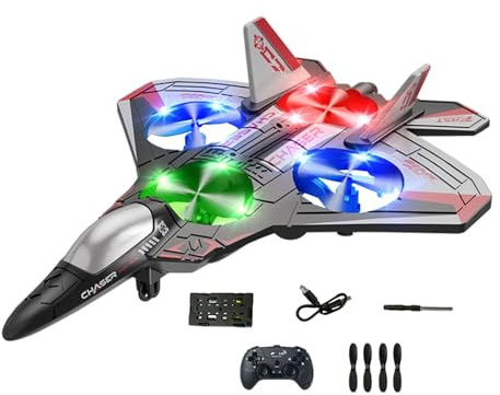 Avion Télécommandé Quadricoptère Planeur de Chasse Hélicoptère avec Contrôle 2.4ghz et Lumières LED pour Vol Stable Approprié comme Cadeau pour Enfant, Rouge