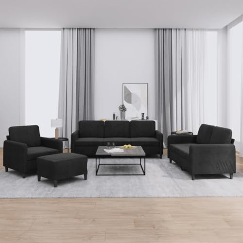 WHOPBXGAD Juego de Sofás 4 Piezas Terciopelo Negro - Conjunto de Sala Moderno con Sofá 3 Plazas, 2 Plazas, Sillón y Taburete para Sala de Estar, Espuma Cómoda, Estructura Robusta, Diseño Compacto