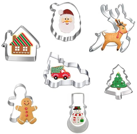 TRIXES Set de 7 Cortadores de Galletas Navideñas - Moldes para Hornear en Navidad - Moldes de Pastelería Navideños - Papá Noel, Reno, Camión, Árbol, Muñeco de Nieve, Hombre de Jengibre y Casa Festiva
