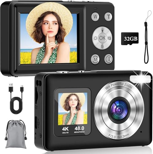 UCMDA Appareil Photo Numérique avecà Double Écran - 48MP HD 4k Digital Caméra, Appareil Photo Compact Portable avec Zoom Numérique 18X Anti-Shake Caméra, Carte de 32GB, pour Enfant/Ados/Débutant, Noir