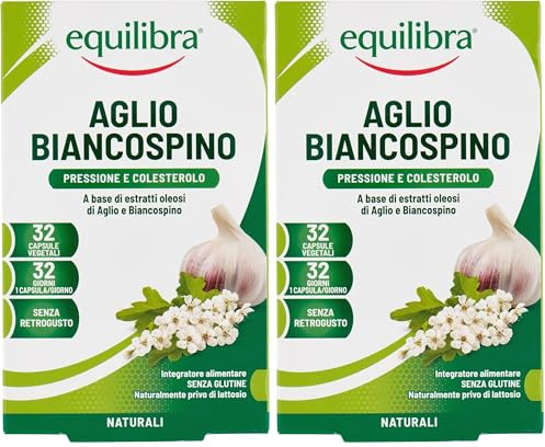 Equilibra Integratori Alimentari, a Base di Estratti Oleosi di Aglio, Biancospino, senza Retrogusto, Funzionalità dell'Apparato Cardiovascolare, 32 Capsule Vegetali (Confezione da 2)