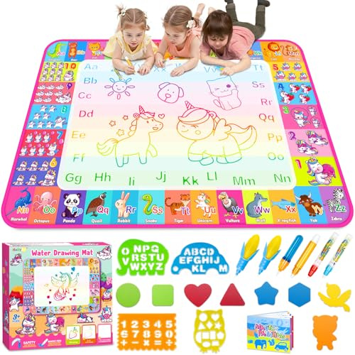 Aqua Water Doodle Mat - Kids Drawing Mat Toddlers Educational Toys for Age 3 4 5 6 7 8 Year Old Boys Girls Gifts - Neon Color Mat Doodle Board Writing Drawing Toys Holiday Christmas Birthday Gifts