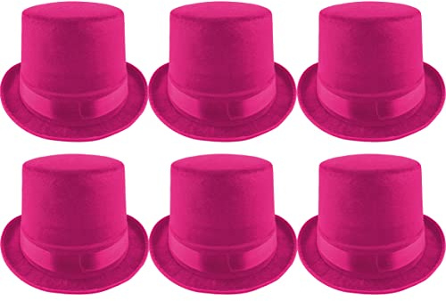 Carnavalife Pack 6 Sombrero chistera de Copa de Fieltro Satén Gorro de Ronda Mago con Cinta de Raso Accesorios del Traje de Fiesta (Fucsia)