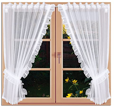SeGaTeX home fashion Dekoschals Manja Gardinen-Set 4-teilig Scheibenraffgardine mit Rüsche in weiß halbtransparent inklusive Raffhalter 100 x 100 cm