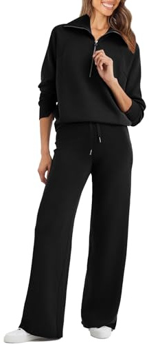 Glamaker Conjunto deportivo de 2 piezas para mujer, sudadera de gran tamaño, media cremallera, pantalones deportivos de pierna ancha, conjunto de chándal, Negro, S