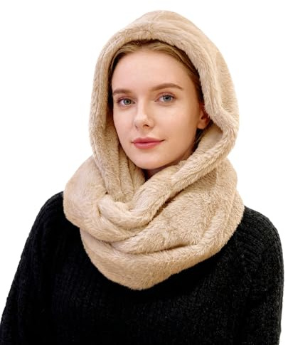 Lina & Lily Faux Fur Hood & Infinity Scarf Combo Winter Head Neck Wrap for Women Men (Beige)