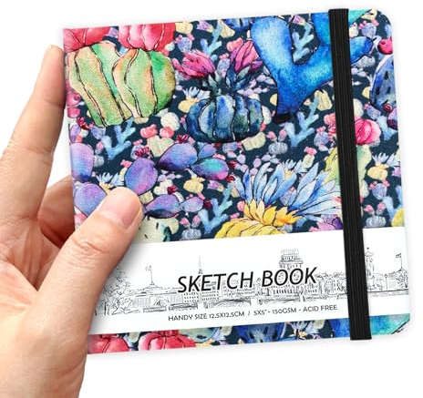 5 x 5 Hardcover Sketch Book,Small Mixed Media Sketch Pad,58 Sheets 150GSM Acid-Free Artist Drawing Paper,Travel Journal Blank Notebook for Adults Painting,Illustration,Art Supplies.Cactus Flower