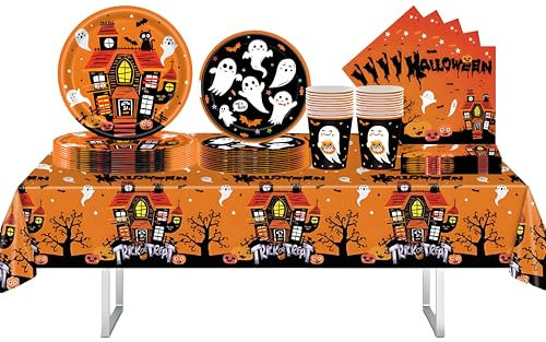 97Pcs Halloween Party Tableware Halloween Plastic Table Cloth,Paper Plates,Napkins Serviette and Cups,Bat Stitch Ghost Orange Dinnerware Set for Kids Halloween Party Supplier Table Decoration