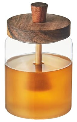 Eden & Willow Clear Glass Honey Jar with Acacia Lid and Spoon, Glass Pot with Wooden Dipper for Dispensing Honey and Syrup - 440ml