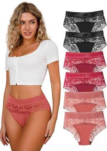 Hialegion Pack de 6 Braga Bikini Cómodos Suaves Cintura Alta Ropa Interior de Encaje Moderno Calzoncillos de Encaje Sin Costura L