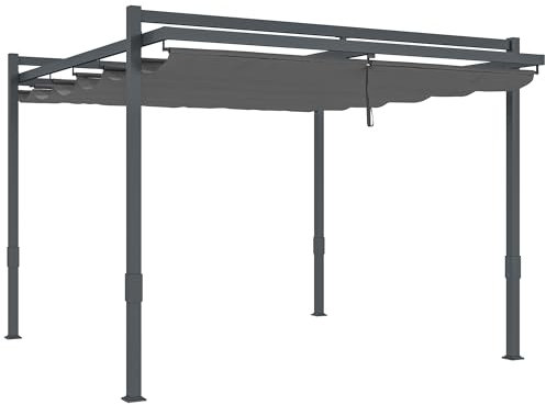 Outsunny Pergola Pavillon ca. 3,5x3m Aluminium Stabil Winterfest Sonnenschutz mit verstellbares Schiebedach freistehend Gartenpavillon Terrassenüberdachung Überdachung für Garten Balkon Grau