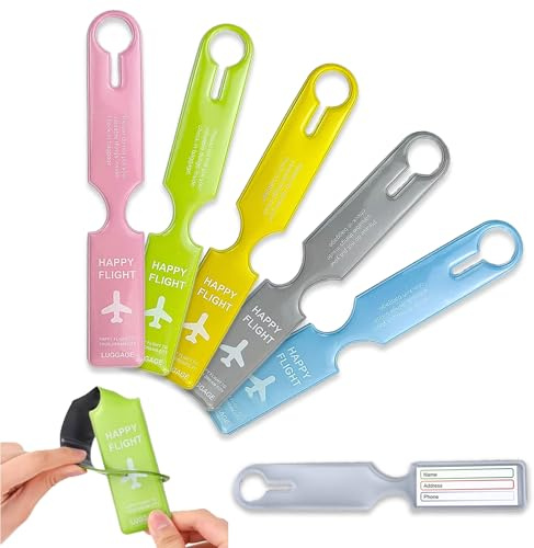 5 Pièces Étiquettes de Bagages, Étiquette de Voyage, PVC, Réutilisables Portables, Imperméables, Multicolores avec Nom Adresse Téléphone, pour Valises, Sacs à Dos, Sacs de Voyage (24,5x4cm,5 Couleurs)