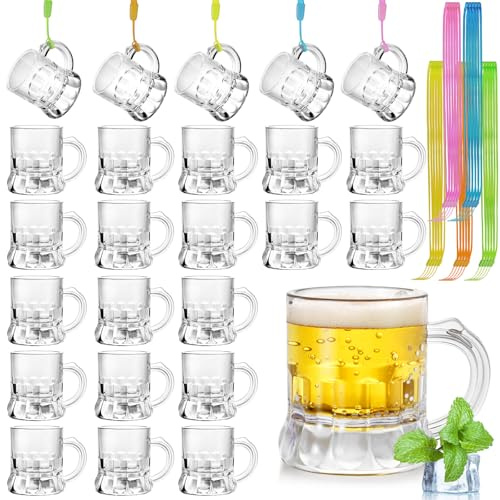 Mssushi 25 Stück Schnapsgläser Mit Griff, 30ML Kunststoff Wiederverwendbar Schnapsglas mit Henkel, Schnapsgläser am Band zum Umhängen für Junggesellenabschied, Fasching, Mottoparty (Durchsichtiger)