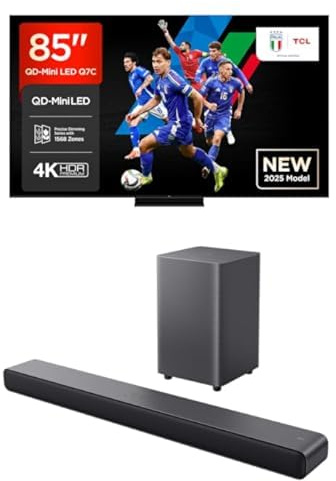 TCL Bundle of 85Q7C 85” QLED TV 4K QD-Mini LED, HDR Premium 2000, Google TV Sound Bar S55H Nero 40W