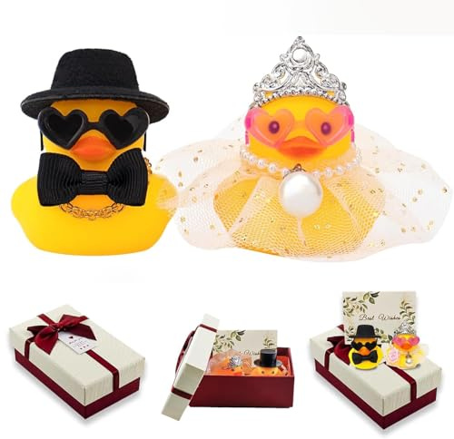 JINJUMEI 2 Piezas Pato Chirriante para Bodas, Incluye un par de Patos y Tarjetas, Pato de Goma, decoración de coche para Recuerdos de Fiesta, Decoraciones de Fiesta, Regalo de Novia y Novio