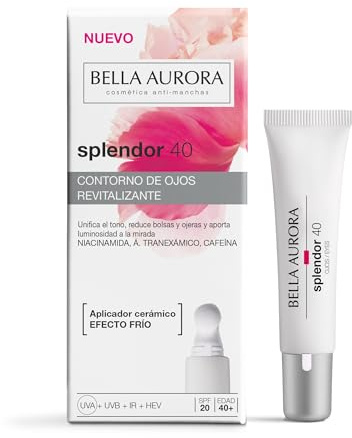 Bella Aurora Splendor 40 Contorno de Ojos Revitalizante Antiedad - Reduce Bolsas, Ojeras y Arrugas, Con Niacinamida, Ácido Hialurónico, Cafeína y Aplicador Efecto Frío, 15ml