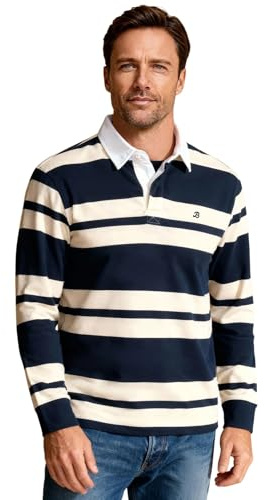 BRIAN OAK LONDON Mens Navy and Cream Striped Rugby Shirt, Bold Stripe Long Sleeve Polo Top