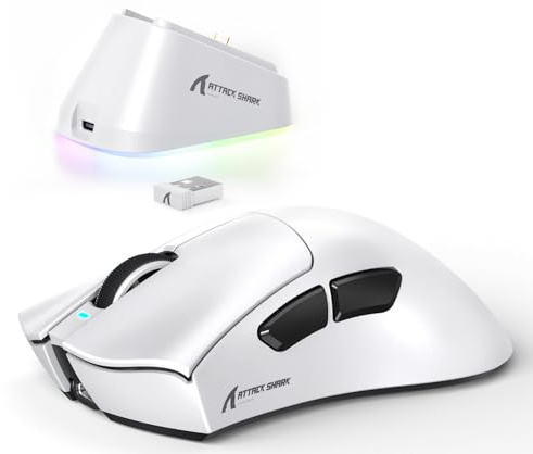 ATTACK SHARK V3PRO Ratón Gaming Inalámbrico con Base Carga Magnética, PixArt PAW3311, hasta 25000 dpi, BT/2.4GHz/Alámbrico, 100M Clics, 500mAh, 65g Ultra-Ligero para Win11/Xbox/PS/Mac - Blanco