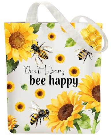 ANATTASOUL Bolsa de Tela Impresa Girasoles y Colmenas, Tote Bag Tela Mujer,Shopper Algodón 38 * 40cm, Beige Bolsa de Transporte para Mujer, Saco Tote Bag de Lona Regalo con Cremallera