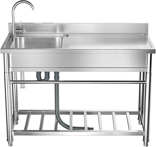 Lavello Utilitario 1 Scomparto, Lavello da Cucina in Acciaio Inox Commerciale con Rubinetto e Mensola, Postazione di Lavoro, per Ristorante Commerciale, Caffè, Bar, Hotel, Garage, Lavanderia, Esterno