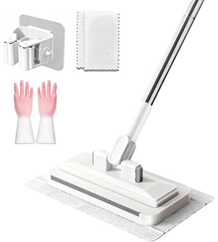 Mocio con Sistema di Blocco a Pressione, Clip to Grip Mop Mini con Cambio Panno Automatico e Testa Rotante a 360°, per Pavimenti Piastrelle Vetro Bagno Cucina (135cm)