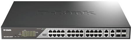 D-Link DSS-200G-28MPP/B - 28-Port Gigabit PoE++ Smart Surveillance Switch 24 x 1000BASE-T PoE++ 2x combo SFP, 802.3af/at/bt, 518W PoE budget, Extend to 250m, VLAN, QoS, ERPS, ONVIF