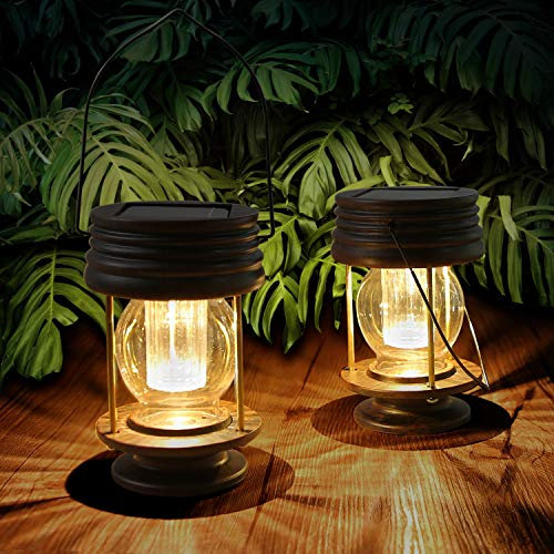 pearlstar Solar Lantern - Hanging Lights Outdoor - 2 Pack Solar-Powered Waterproof Led Lanterns Vintage Design for Landscape,Yard,Garden,Pathway,Beach,Pavilion Decoration (Warm Lights)