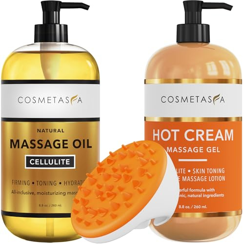 Cellulite Massage Oil, Gel & Mitt - Natural Hot Cream Massage Gel, Oil & Massager - Firm, Tone, Tighten & Moisturize Skin. Soothes Muscles (8.8 oz.)