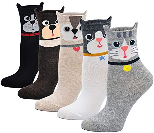 Calcetines Térmicos Divertidos de Algodón Para Mujer - Animales Lindos - 5 Pares