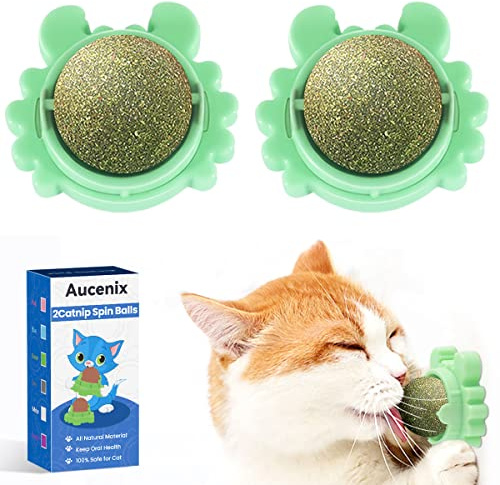 Aucenix Catnip Balls Toy for Cat, Wall Catnip Roller for Cat Licking, Teeth Cleaning Dental Edible Kitten Toy, Natural Rotating Cat Toy (Green-2pcs)