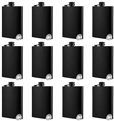 Hip Flasks for Liquor for Men 8 oz 12 Bulk with Funnel Set Black Matte Metal Stainless Steel for Drinking Whiskey Alcohol Groomsmen (Black Matte Cap)