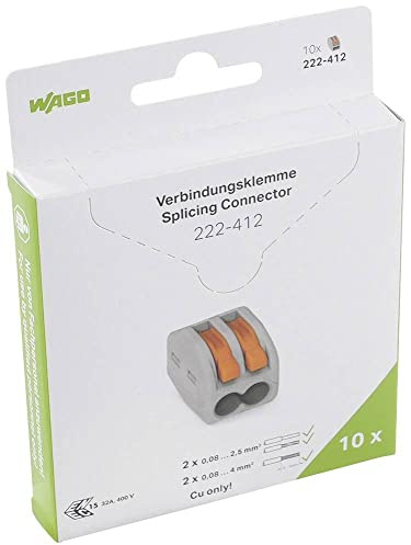 WAGO 222-412 Splicing connector with levers for all conductor types; max. 4 mm²; 2-conductor; gray housing; Surrounding air temperature: max 40°C; 2,50 mm²; gray Pack of 10