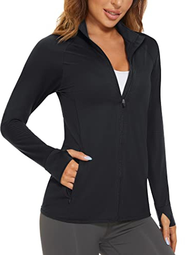 MAGCOMSEN Women's UPF 50+ Lightweight Athletic Jacket Sun Protection Full Zip Long Sleeve Shirts Hiking Outdoor Pockets Black XL