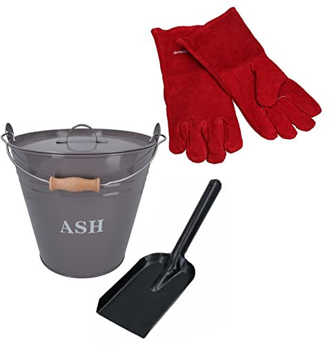 Seau à charbon gris avec couvercle, pelle et gants de 12,7 cm en métal pour cendres, brûleur à bûches