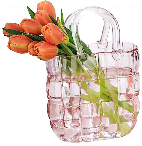 NiHome Glass Purse Vase Pink Glass Bag Vase with Handle Handbag Shape Vase for Flowers Farmhouse Decor Handmade Wide Mouth Glass Vase for Office Home Living Room Dining Table Decor