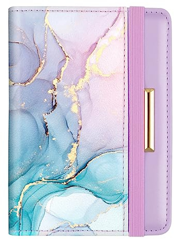 Passport Holder Cover, RFID Travel Wallet Credit Card Holder Cute Purple Pink Passport Book Holders for Women with Elastic Band and Golden Metal Decoration, Gradient Marble