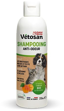 Clément Thékan - Vétosan Shampooing Anti-Odeur pour Chiens et Chats - À Base d’extrait d’Abricot Bio du Roussillon - 200 ML