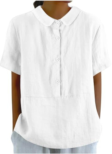 Womens Cotton Linen Henley Shirts 2024 Trendy Summer Short Sleeve Sweet Peter Pan Collar Button Up Soft Holiday Casual Beach Yoga Shirts Ladies Peasant Tops Vacation Blouses White