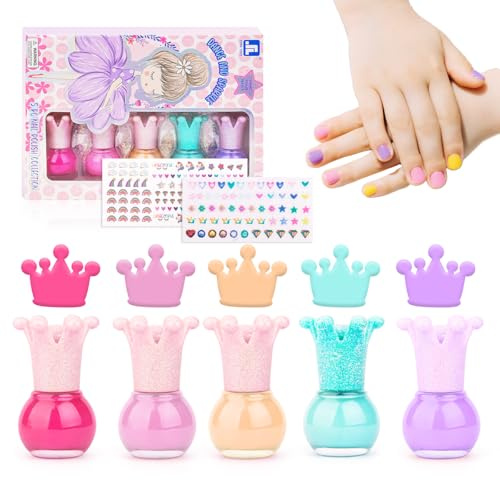 Smalti Bambina All'Acqua,5 * 5ml Smalto Per Bambini Set Smalti Peel-Off A Base Acqua+2 Adesivi | Smalto Per Bambini Set Smalti Peel-Off A Base Acqua,Regalo Bimba