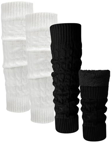 Shihanee 2 Paar Winter-Beinstulpen mit Fleece gefüttert für Damen, warme lange Stiefelsocken, gestrickt, dicke Wadenwärmer zum Skaten, Spazierengehen, schwarz, weiß, about 15.7 inches x 4.5 inches in
