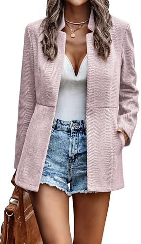 Jhsnjnr Women's Office Long Sleeve Suits Coats Lapel Collar Open Front Mid-Long Jacket Casual Tweed Blazer Tops Pink