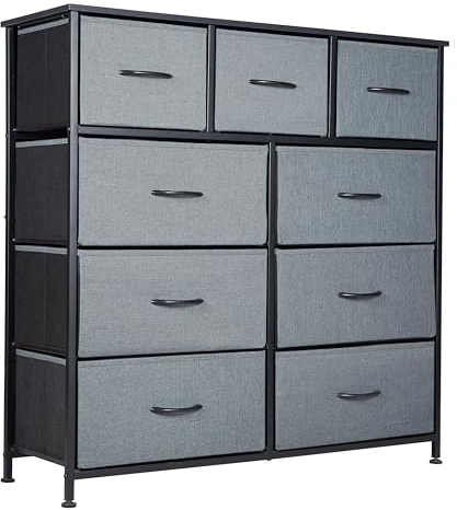 Panana Fabric Chest of Drawer, Tall Dresser Storage Drawer with 9 Drawers Bins for Closet - Steel Frame, Wood Top Organizer for Bedroom, Kids room, Living room, Closet (Deep Grey)